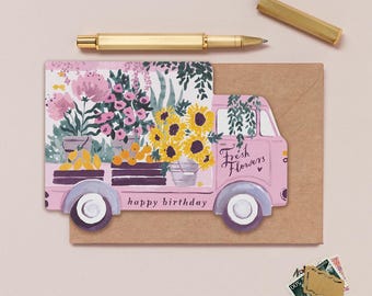 Flower Truck Birthday Card | Flowers Birthday Card | Friend Birthday Card | Mum Birthday Card