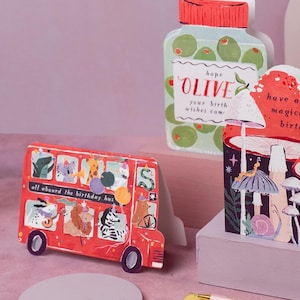 This sweet London bus birthday card is cut into a unique shape of a double decker bus. The cute kids birthday card is a lovely gift idea for childrens birthday card, nephew birthday card or adorable kids birthday card.