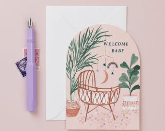 New Baby Card with Gender Neutral Design | Unisex New Baby Card | Bamboo Crib Illustrated New Baby Card