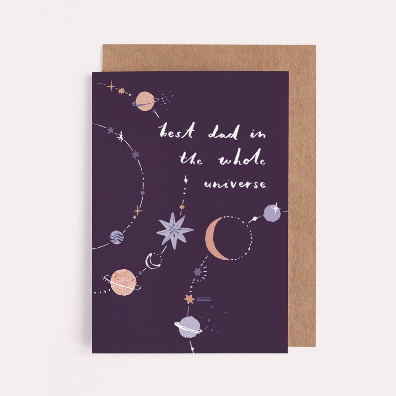 Best Dad in the whole universe card with painted artwork of a starry solar system, perfect for Dads birthday or Fathers Day.