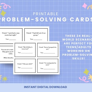 Può includere: Schede stampabili per la risoluzione dei problemi con scenari da completare per adolescenti e adulti. Le schede presentano richieste come "Ho visto un nuovo film ieri sera" e "Mi sento escluso dal nostro gruppo". Lo sfondo è azzurro.