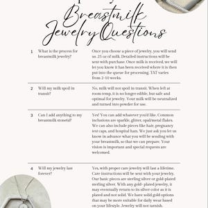 May include: An informational graphic titled Frequently Asked Breastmilk Jewelry Questions with text detailing processes, shipping, inclusions, and care. Two circular images show gold-toned rings with oval stones set in a light-colored hexagonal box.