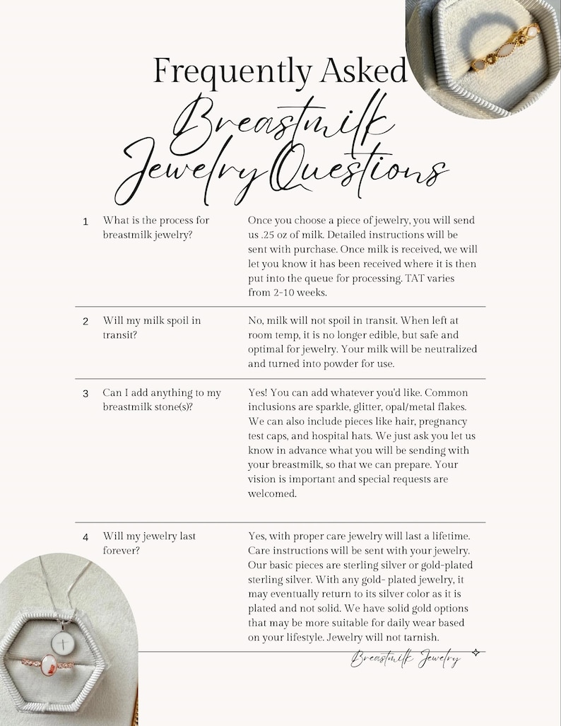 May include: An informational graphic titled Frequently Asked Breastmilk Jewelry Questions with text detailing processes, shipping, inclusions, and care. Two circular images show gold-toned rings with oval stones set in a light-colored hexagonal box.