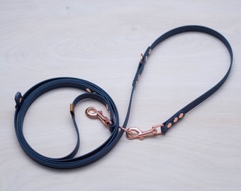 Navy Hands free Dog leash and more biothane Colors, 6ft/12ft/20ft/customize, rose gold and matte black hardware, waterproof, no stink, vegan