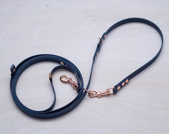 Navy Biothane Hands-Free Dog Leash, Rose Gold Hardware, Waterproof Vegan Leash
