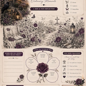 May include: A beige activity sheet titled Signs of Grace featuring a seek and find illustration of a garden with a stone cottage, roses, crosses, doves, and a lantern. It includes sections for gratitude, a tiny hope challenge, and scripture copywork.
