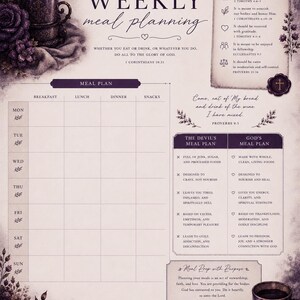 May include: A weekly meal planner sheet in shades of purple and cream featuring a grid for breakfast, lunch, dinner, and snacks. The design includes floral accents, a candle, a cup, an open book, and religious text including God's Design for Our Food.