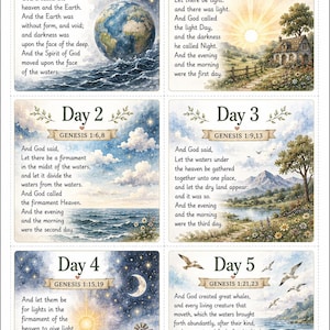 May include: A set of six rectangular cards illustrating the creation story from Genesis. Each card features watercolor-style artwork, biblical text, and headers labeled First, Day 1, Day 2, Day 3, Day 4, and Day 5, with corresponding scripture references.