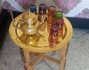 Brass set, 6 original Moroccan tea cups, tray, artisan style cups, sugar holder, tea cups, folding wooden table, handmade 100/100.