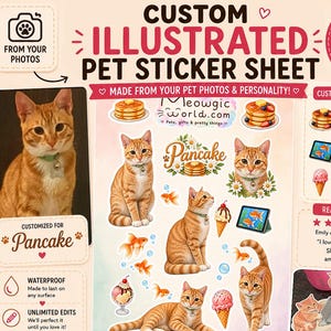 Può includere: Un foglio di adesivi personalizzati per animali domestici con illustrazioni di un gatto soriano arancione in varie pose, tra cui seduto, che cammina e sdraiato. Il foglio include elementi decorativi come pancake, gelati, pesci rossi e un tablet.