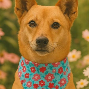 Pink Flowers Reversible and Customizable Pet Bandana – Floral + Blue Tie-Dye Scarf for Cats and Small Dogs - &quot;Bloom & Breeze&quot;