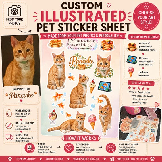 Custom Pet Sticker Sheet from Photos ~Choose Your Style/Theme/Name | Waterproof ILLUSTRATED Cat, Dog, Bird, Rabbit, Hamster & Fish Stickers