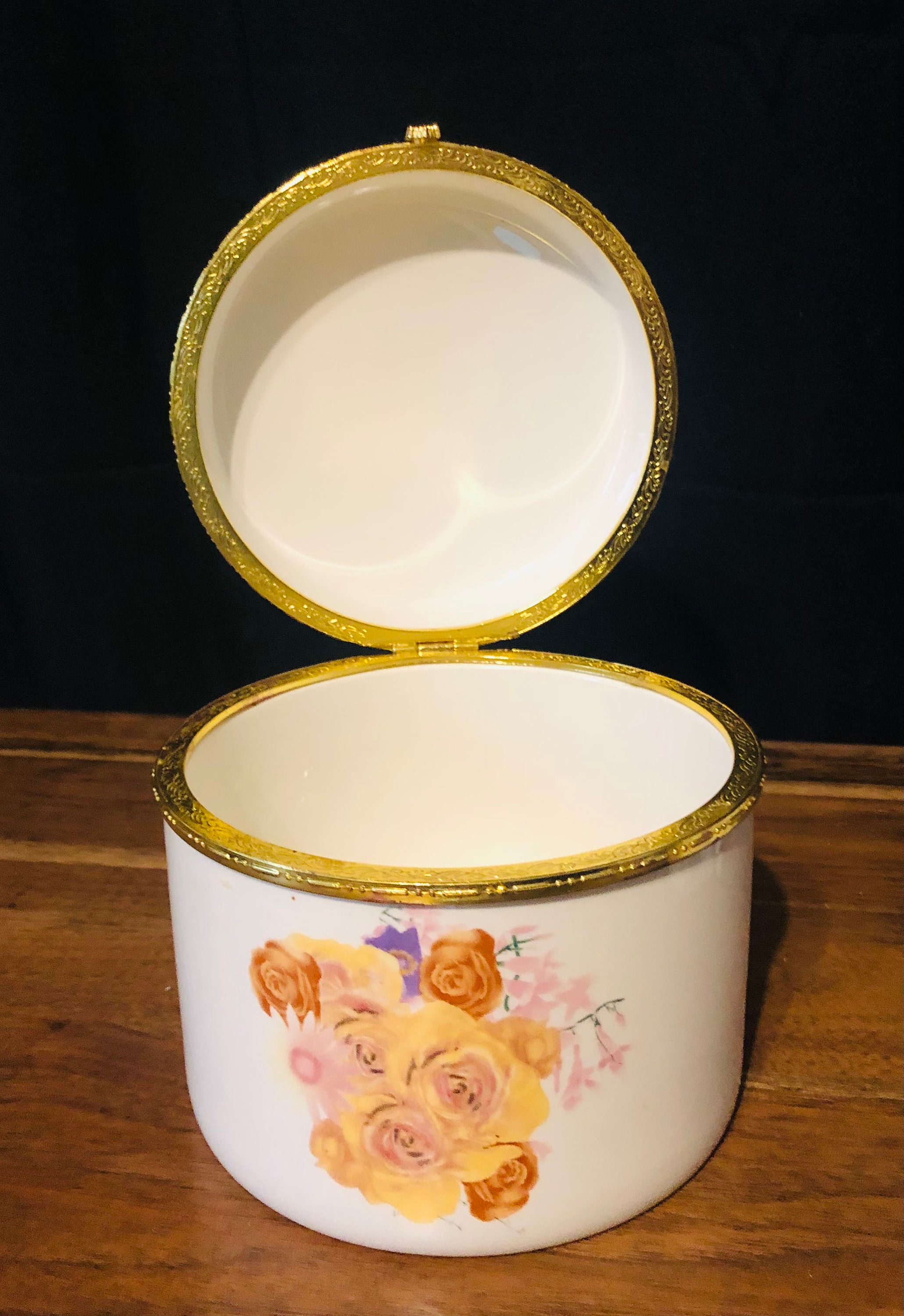 Vintage Floral Porcelain Jewelry Box Large Circular Powder Etsy