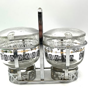 Vintage MCM  Libbey Serving Set, Double Chrome Condiment Tray,  & Glass Serving Caddy, 2 Jar Set w Caddy, Embossed Pine Cones Aluminum Lids