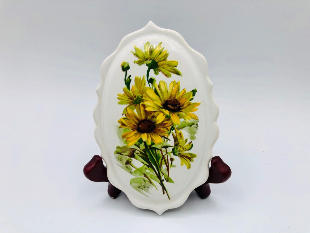 Vintage Porcelain Wall Art, Hand Painted Sunflowers With Red Velvet
