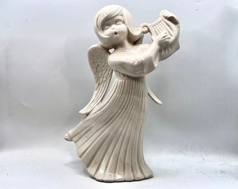 Ange en céramique, décoration d'intérieur, chérubin, glaçure blanche, ange harpe des années 1970, statue d'ange ailé, figurine angélique, sculpture d'ange, décoration d'intérieur
