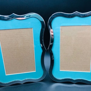 Turquoise Picture Frames, Silver Photo Frames, Turquoise Matt, Home Decor, 9"x7" Photograph Frame Set of 2 with Glass, Black Velvet Backing