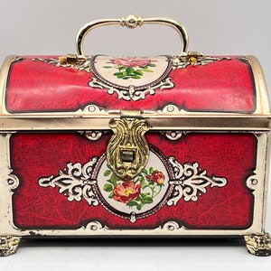 Vintage Floral Decorative TIN, Hinged, Gold, White & Red, Signed 6401/14 Blue Bird, Harry Vincent Limited Hunnington Worcestershire England