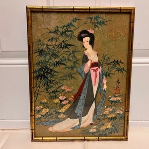 Vtg, Geisha Watercolor Painting, Bamboo Frame, Hand Painted, Professionally Framed, Geisha  with Flowers, Wall Hanging, Gallery Wall Art
