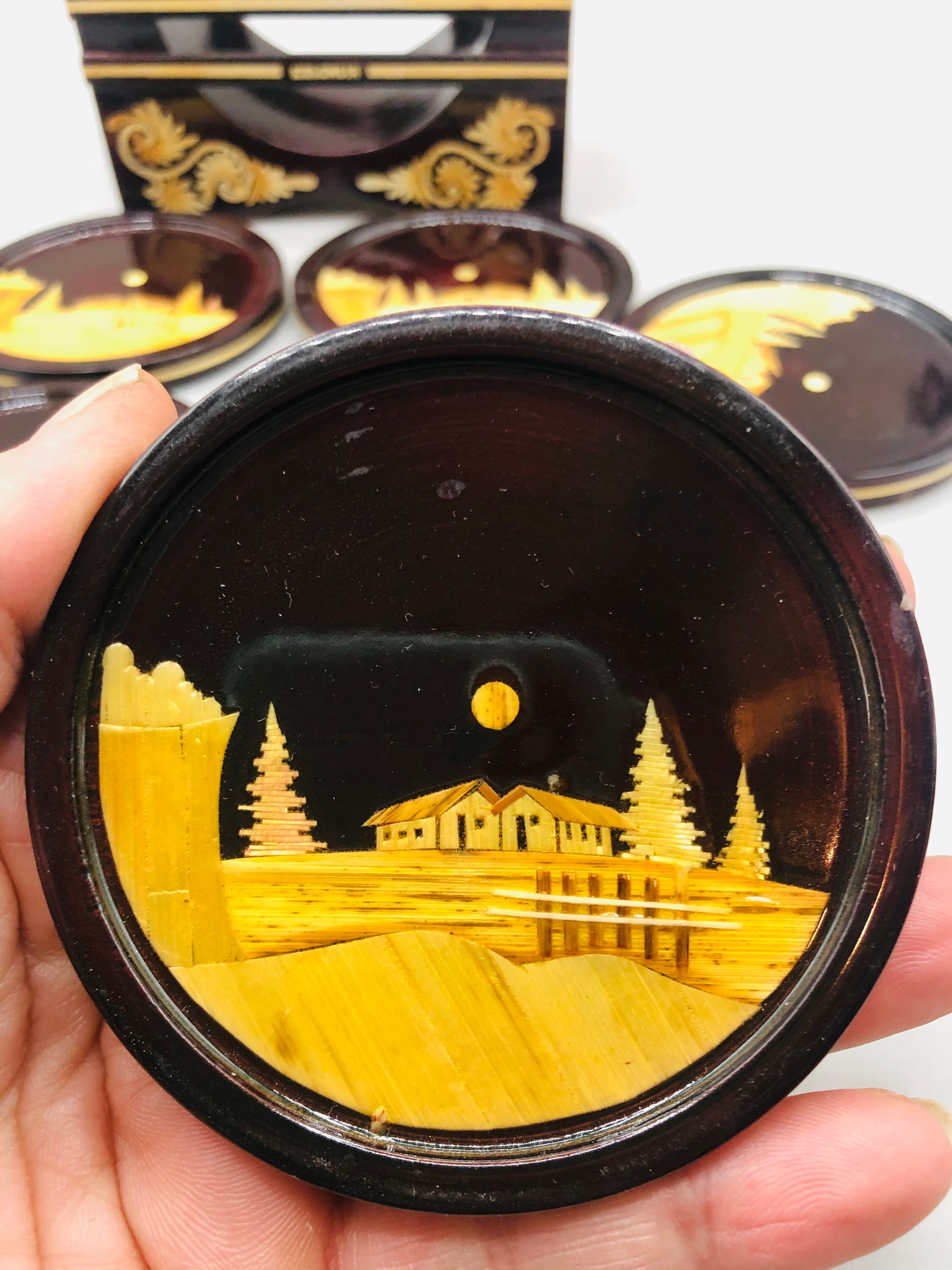 Vintage Wood Lacquer Inlay Coasters Set of 6 in a Holder Etsy
