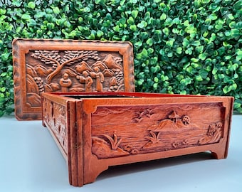 Antique Chinese Cinnabar Box, Hand Carved Rectangular
