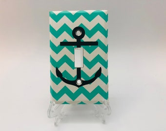 Handmade Nautical Light Switch Plate or Electrical Cover Plate - Teal Cheviron with  Anchor - Coastal - Home Decor