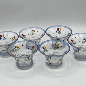RARE Holmegaard Kluk Kluk Shot Gasses, Etched Blue Rims, Set of 6, Hand Painted Flowers, Thick Glass Bottoms, Gift For Him, Barware