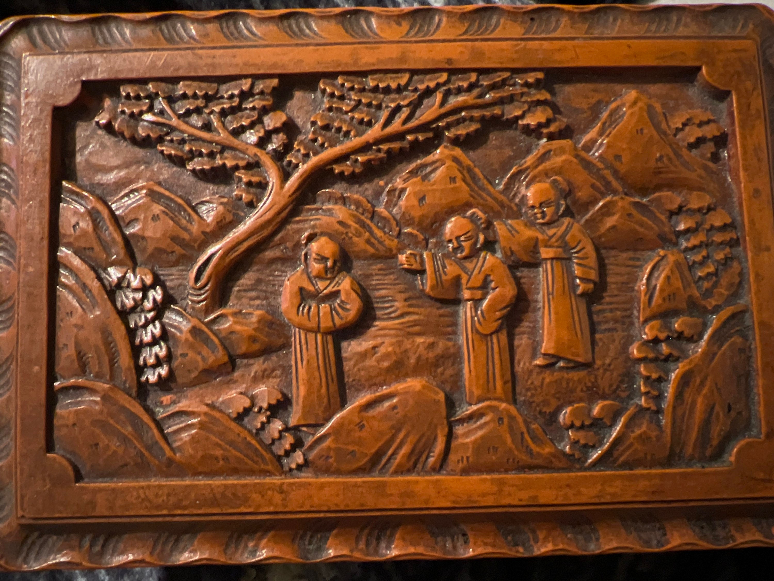 Antique Chinese Cinnabar Box, Hand Carved Rectangular