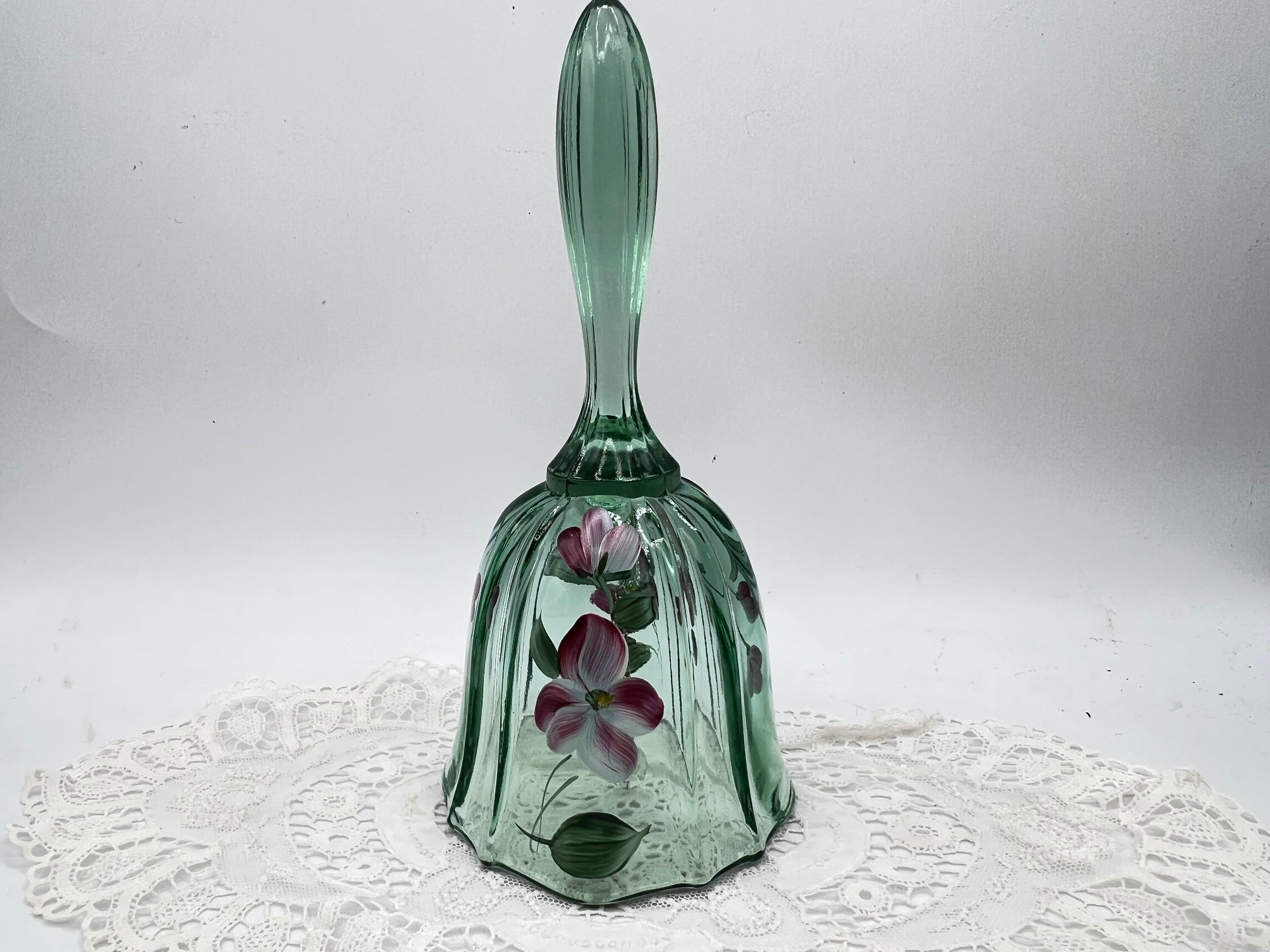 Fenton Green Bell, Hand Painted Flowers, Signed, Vintage