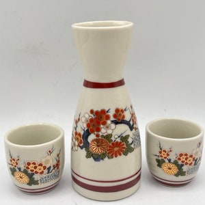 Vintage Saki Bottle & 2 Cups, Made in Japan, Cherry Blossom Tree, Hand Scripts, Ceramic, Hand Painted, Japan Wine Bottle, Tradition Saki Set