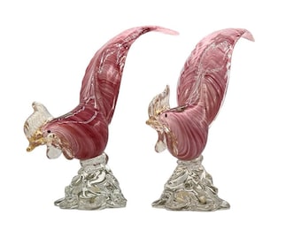 Vintage roze Murano fazant, set van 2 vogelsculpturen, kunstglas, roze wit, gouden snavels, vogelbeeldjes, midden eeuw, origineel label