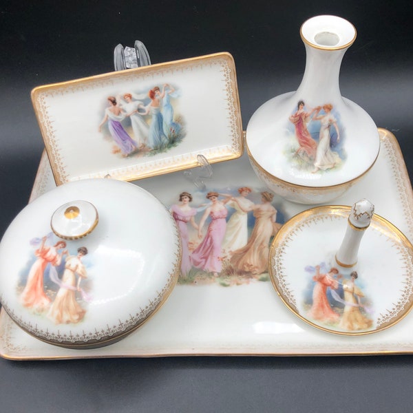 RARE LIMOGES T&V FRANCE Plateau pour coiffeuse, 5 pièces en porcelaine tendre, Ensemble boudoir en dorure dorée, peint à la main, Robe victorienne vers 1900 pour femme, Décoration d'intérieur