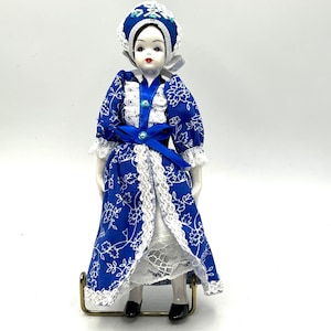 Vintage Russian Doll, Blue White Tradition Clothing, Porcelain, Estonian Girl, Collectible Doll, Sequins and Beads, Hand Painted Doll Statue