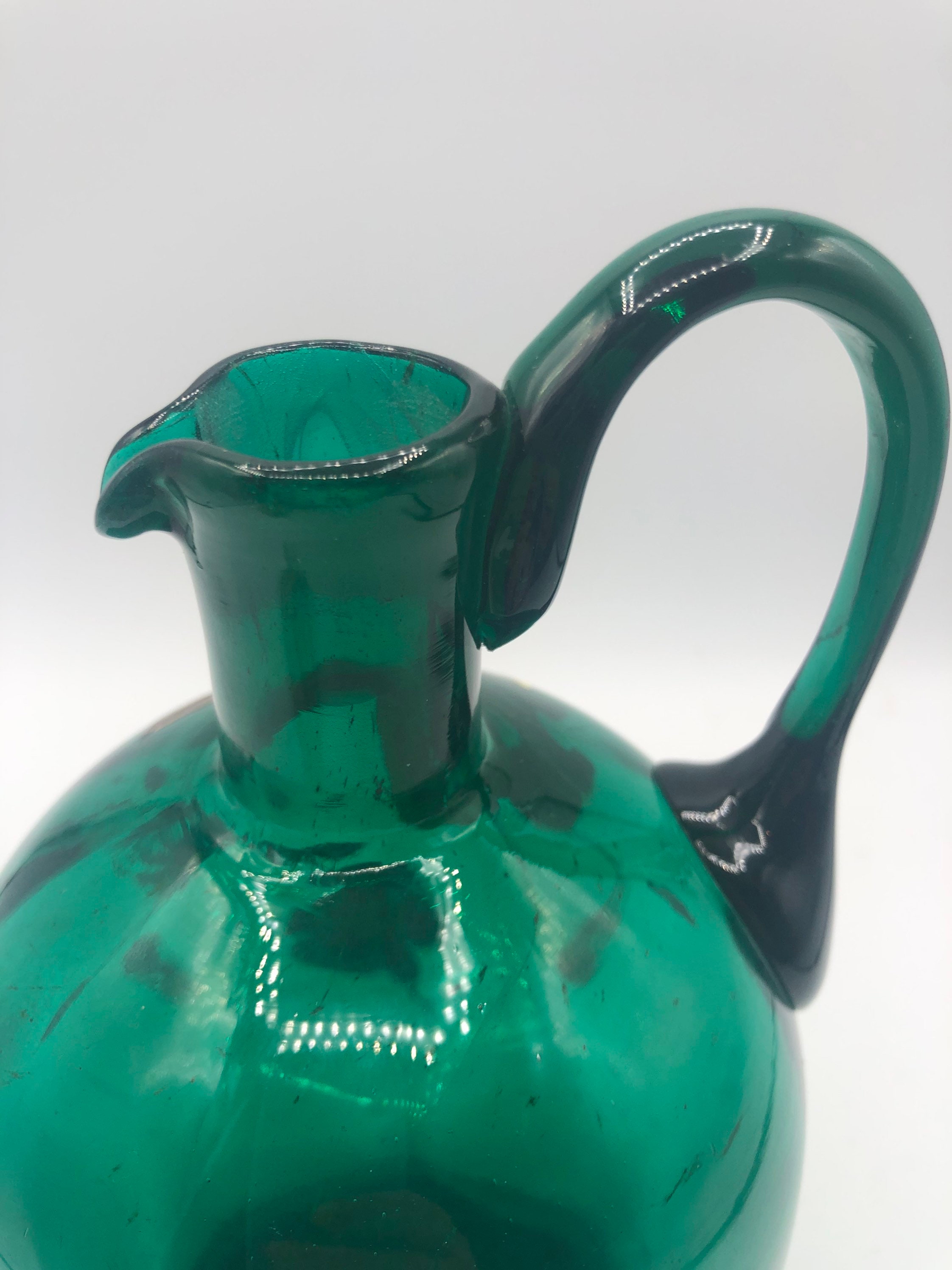 Vintage Green Glass Jug with Flowers Blue & Pink Flowers Etsy