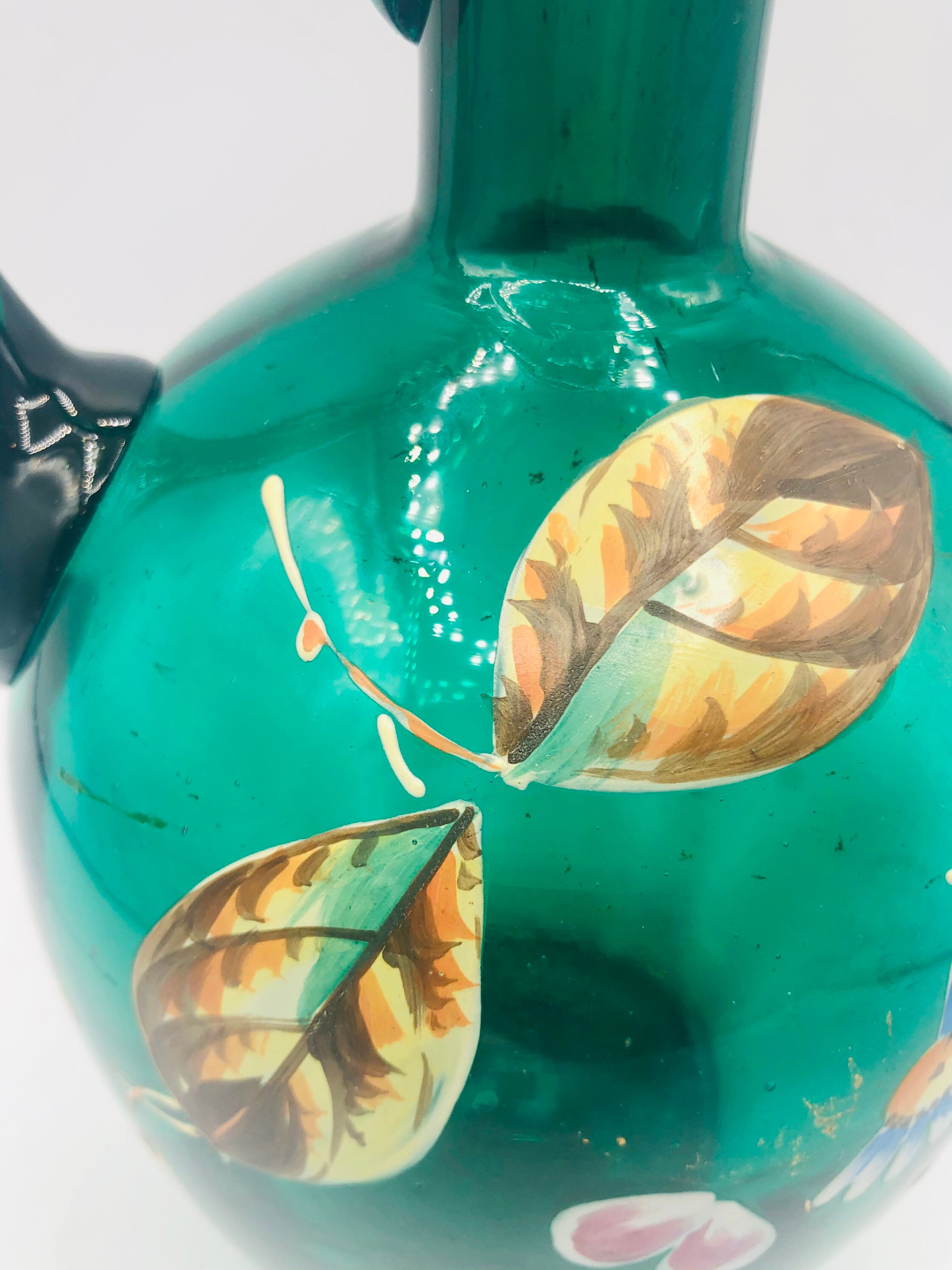 Vintage Green Glass Jug with Flowers Blue & Pink Flowers Etsy