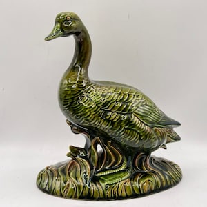 Vintage Ceramic Goose Statue: Green Brown Glaze, MCM Fall Decor