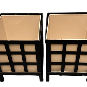 Vintage Plant Holders, Japanese Style, Square Holders, Forged Metal, Black & Beige, Footed Plant Stands, Mid Century, Home Decor