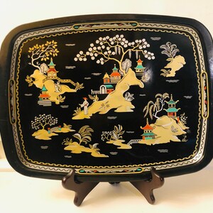 Vintage Metal Tray, Hand Painted in Great Britain, MTM Elite Tray, Japanese Inspired Painting, Fruit Trees Geisha Girls & Pagodas