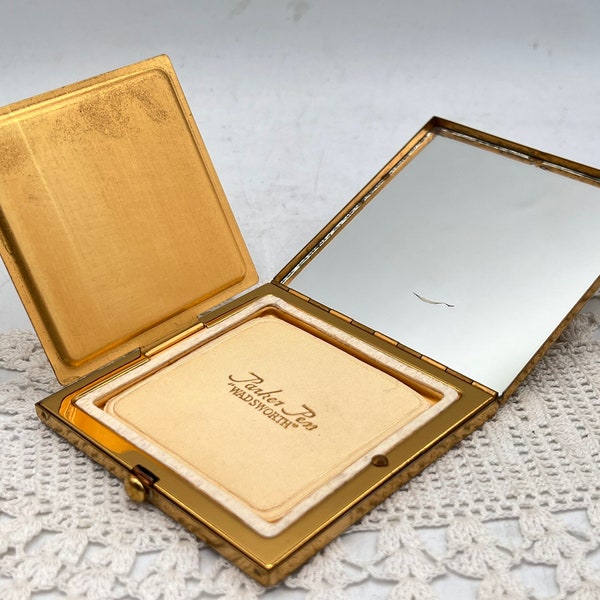 Vintage Compact WADSWORTH Parker Pen, Gold Silver Square Plated Flower Petal Pattern, Made in Canada, Mirror & Powder Compact, Boudoir Decor