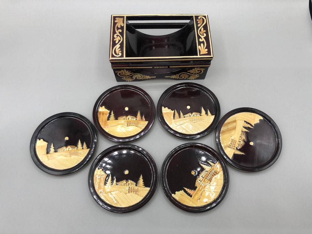 Vintage Wood Lacquer Inlay Coasters Set of 6 in a Holder Etsy