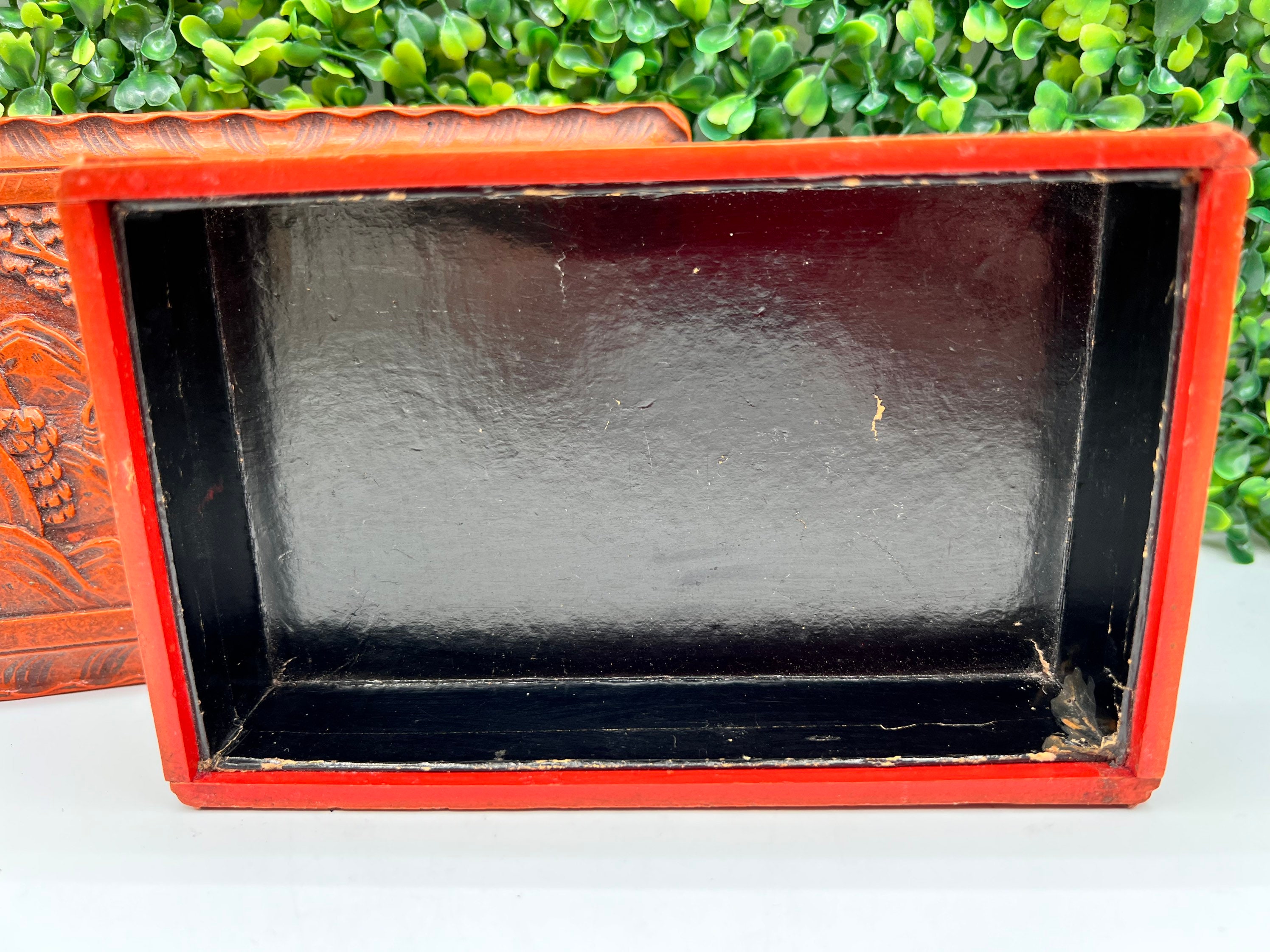 Antique Chinese Cinnabar Box, Hand Carved Rectangular
