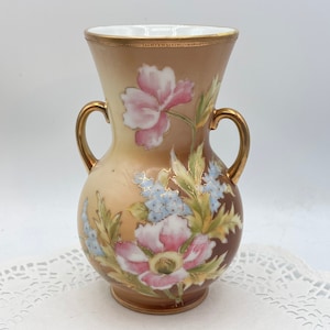 Antique Nippon Vase, Porcelain, Gold Moriage, Hand Painted, Double Handle, Pink Peony Flower,  Brown Beige Vase, Home Decor, Flower Vase