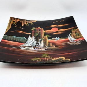 Vintage Chines Lacquer Tray, Mother of Pearl, Hand Painted, OOAK, Decor, Pearl Sailboats, Oriental Decor, Serving Tray