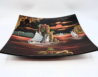 Vintage Chines Lacquer Tray, Mother of Pearl, Hand Painted, OOAK, Decor, Pearl Sailboats, Oriental Decor, Serving Tray