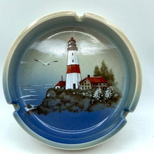 Vintage Otagiri Japan Ashtray, Hand Painted Lighthouse, Blue Red Green, Barware Accessory, Man Cave, Ceramic Tobacciana, Smoke Ashtray