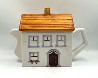 Vintage House Teapot, Made in Italy, House with Golden Roof, Gift For Tea Lover, Hand Painted, Home Decor, Novelty Tea Pot, White Tea Pot