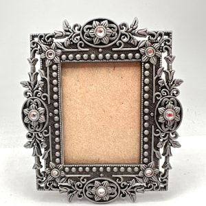Vintage Ornate Picture Frame, Gray Metal, 8 Faux Crystals, Small Photo Frame, Regency Style, Gift for Her, Family Photo, Victorian Frame