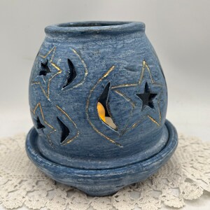 Vintage Moon Star, Tea Light Candle Holder, Luminary Votive Candle, Celestial, Ceramic, Made in Indonesia, Hand Painted, Spiritual Astrology