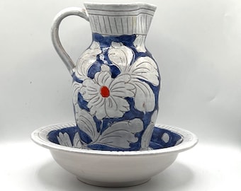 Vintage Italienische Keramik Krug und Schüssel Set: Handbemaltes Blumen Waschbecken