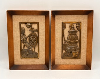 Vintage Burwood Wall Hanging, Pot Belly Stove, Spinning Wheel, Vintage Wall Hanging Plaques, Framed Wall Hanging, Wall Art, Gallery Wall